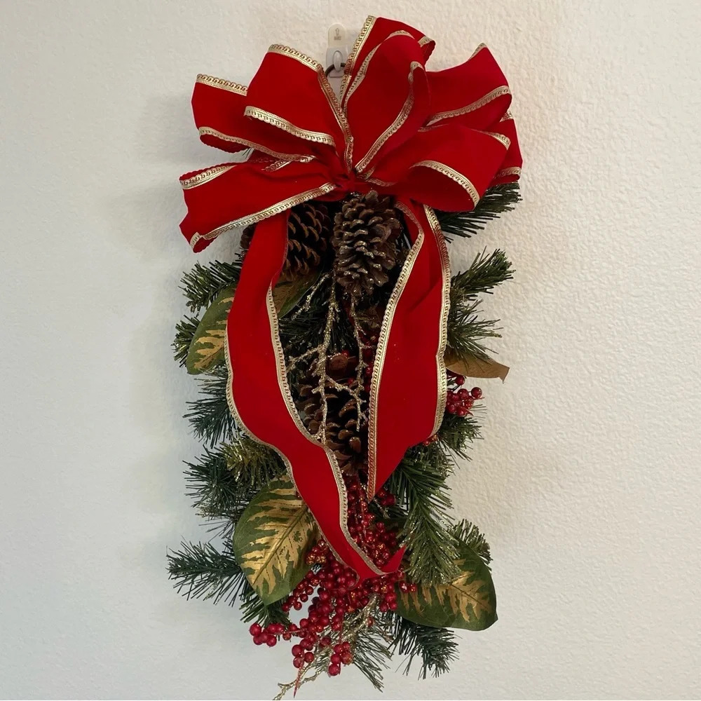 Vintage Artificial Pine Christmas Teardrop Swag with Pine Cones And Ribbon Bow.